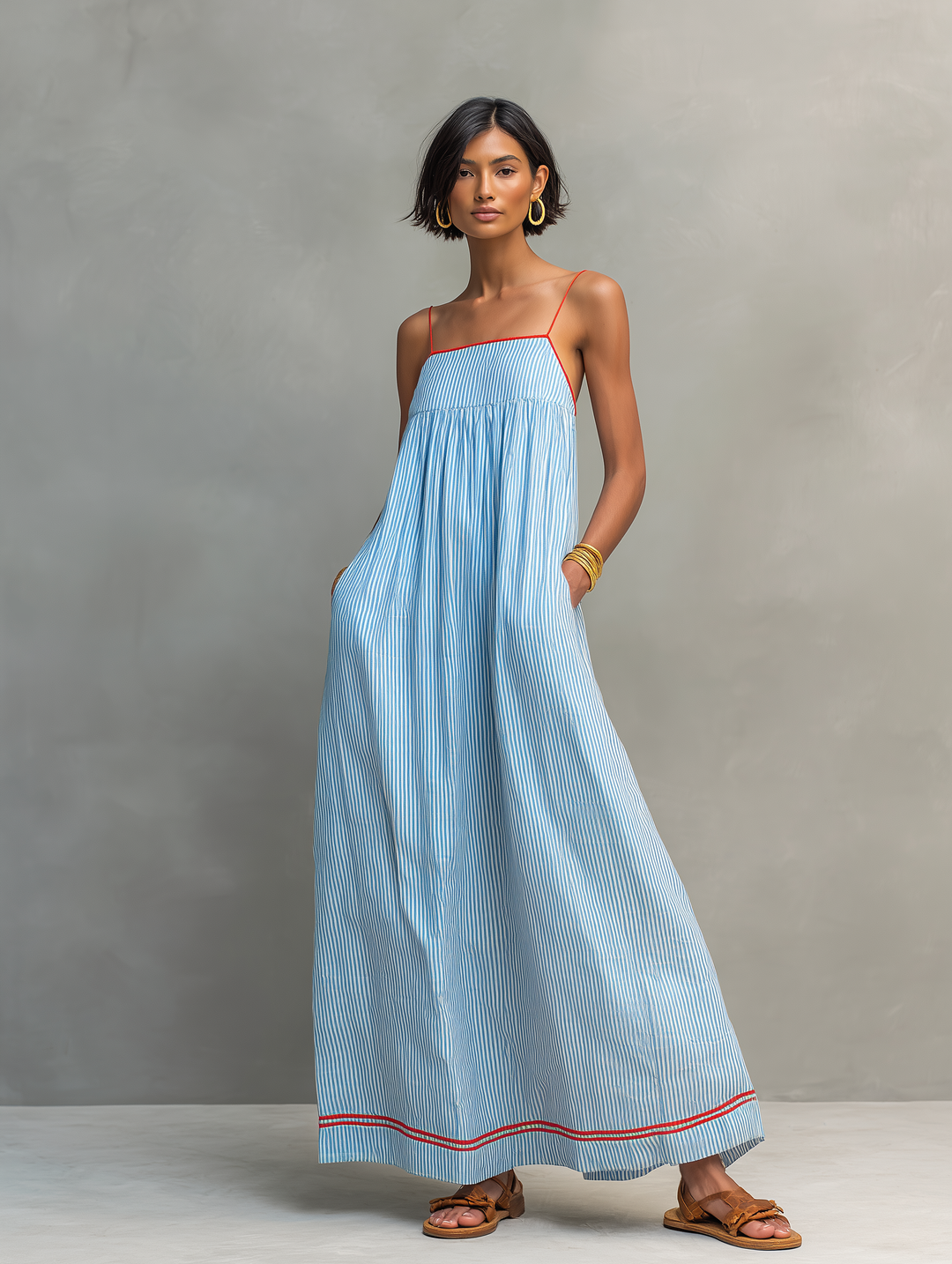 Sophie | Striped Maxi Dress with Red Trim and Spaghetti Straps