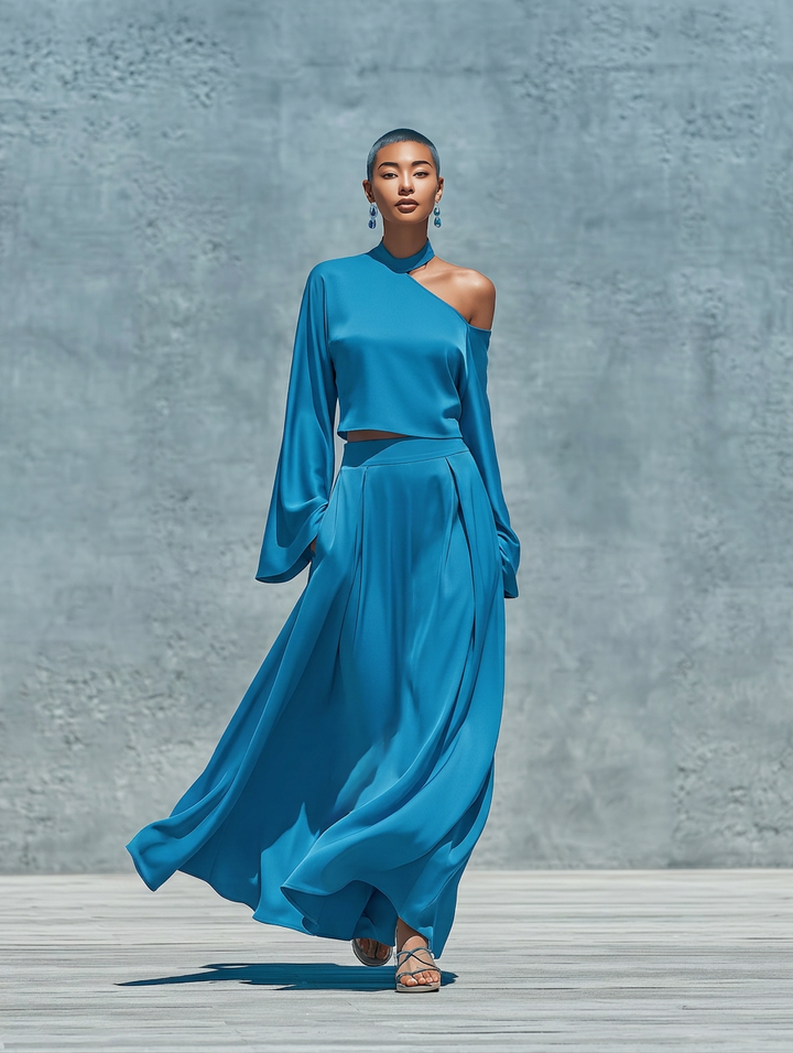 Women’s Blue Satin One Shoulder Halter Bell Sleeve Cropped Top &amp; High Waist Pleated Flowy Maxi Skirt Two Piece Matching Set MDZ0207G7T