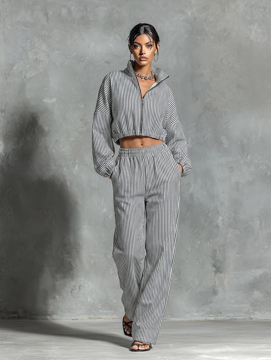 Women’s Black White Vertical Stripe Stand Collar Full Zip Cropped Jacket &amp; Elastic High Waist Wide Leg Pocket Pants Two Piece Tracksuit Set MDZ0287G4T