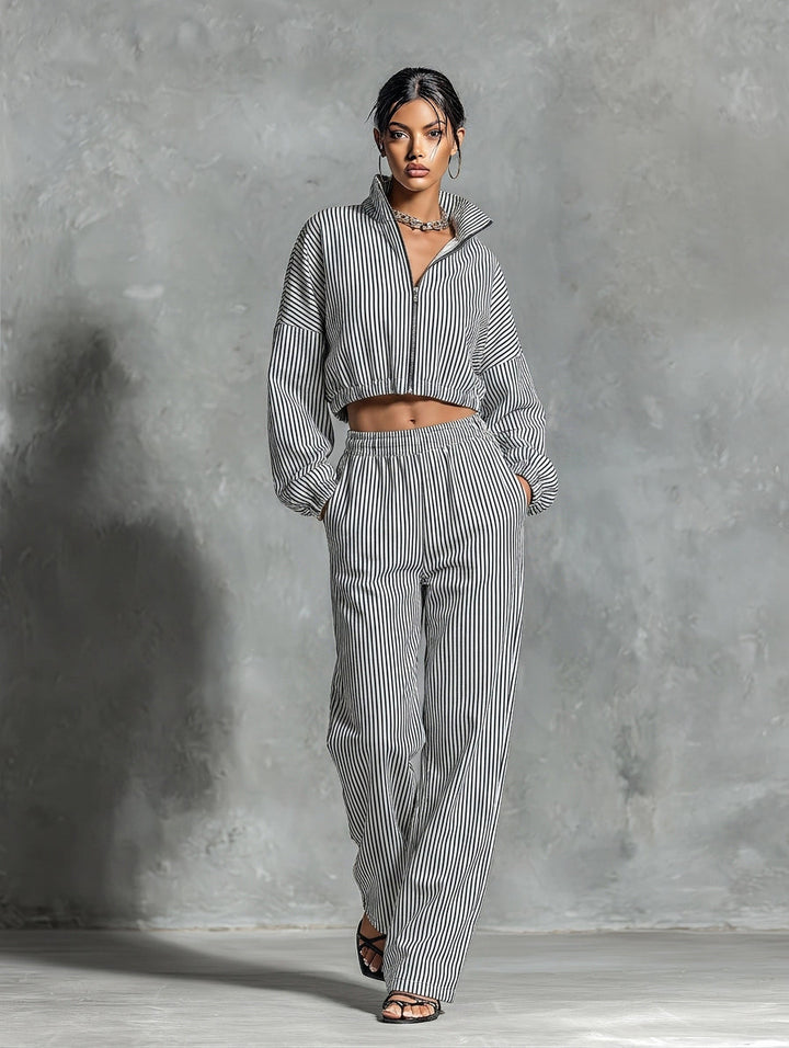 Women’s Black White Vertical Stripe Stand Collar Full Zip Cropped Jacket &amp; Elastic High Waist Wide Leg Pocket Pants Two Piece Tracksuit Set MDZ0287G4T