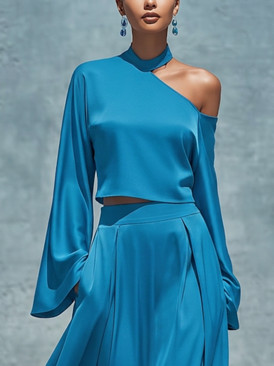 Women’s Blue Satin One Shoulder Halter Bell Sleeve Cropped Top &amp; High Waist Pleated Flowy Maxi Skirt Two Piece Matching Set MDZ0207G7T