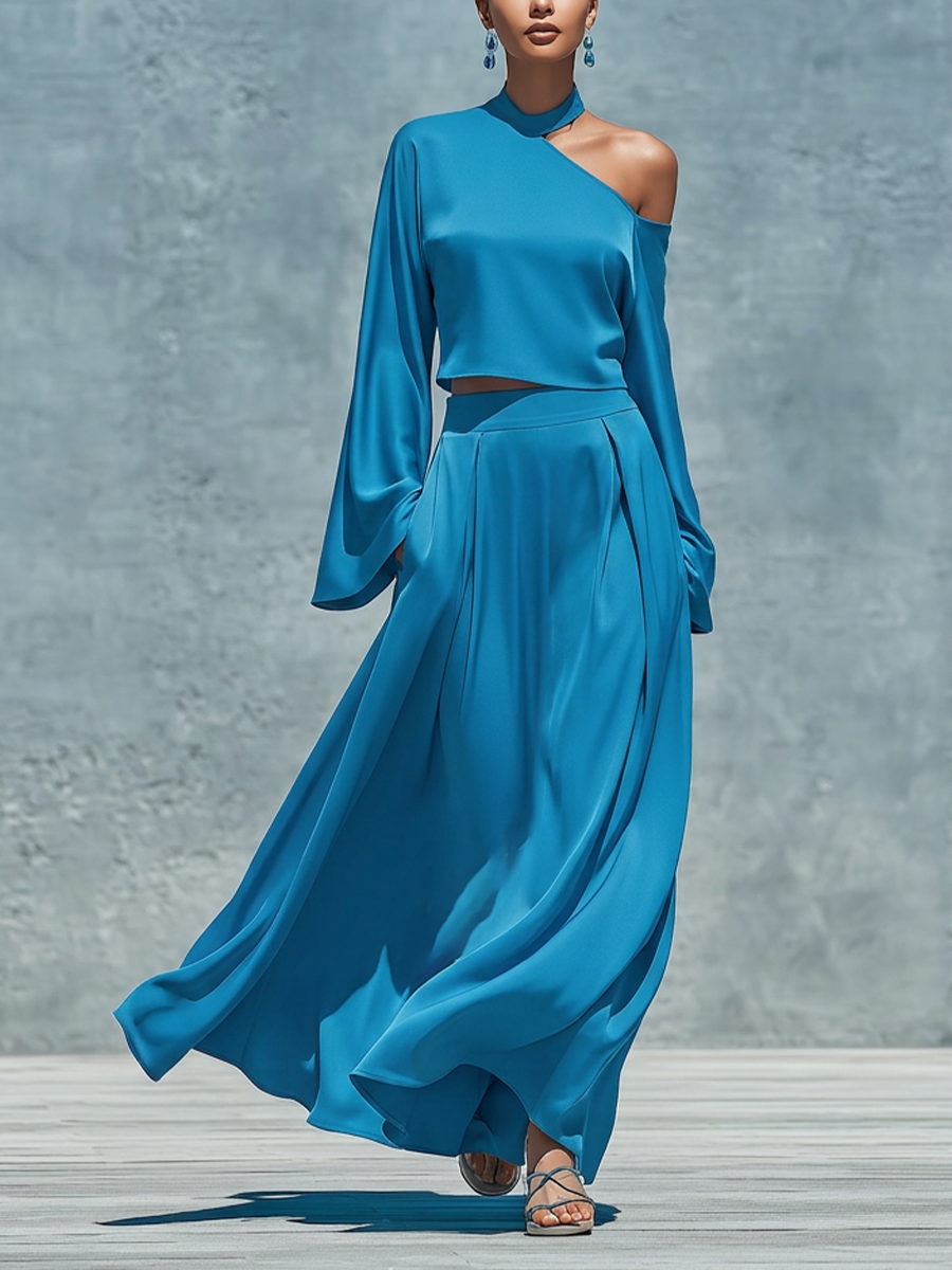 Women’s Blue Satin One Shoulder Halter Bell Sleeve Cropped Top &amp; High Waist Pleated Flowy Maxi Skirt Two Piece Matching Set MDZ0207G7T
