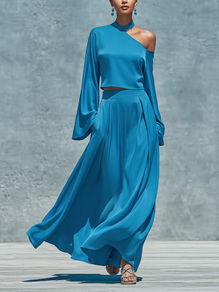 Women’s Blue Satin One Shoulder Halter Bell Sleeve Cropped Top &amp; High Waist Pleated Flowy Maxi Skirt Two Piece Matching Set MDZ0207G7T