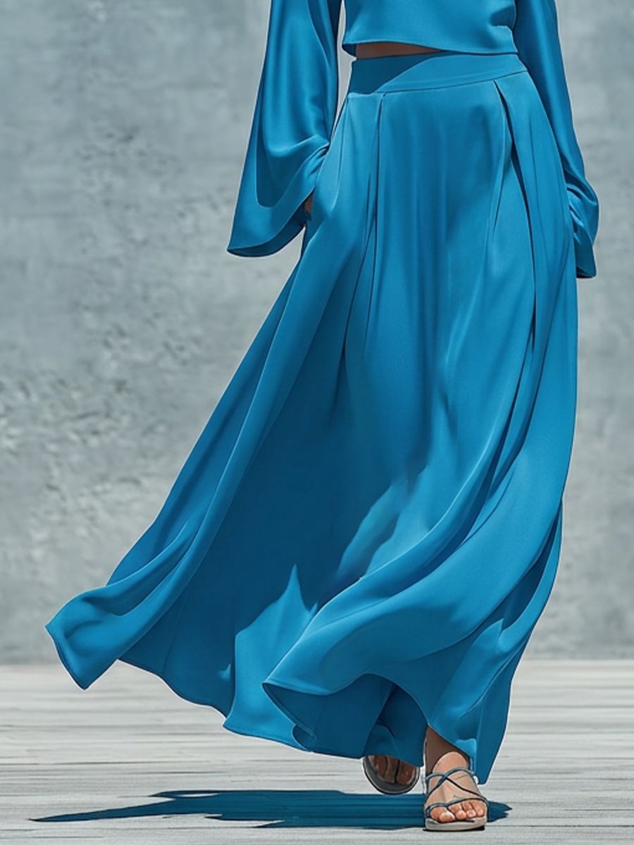 Women’s Blue Satin One Shoulder Halter Bell Sleeve Cropped Top &amp; High Waist Pleated Flowy Maxi Skirt Two Piece Matching Set MDZ0207G7T