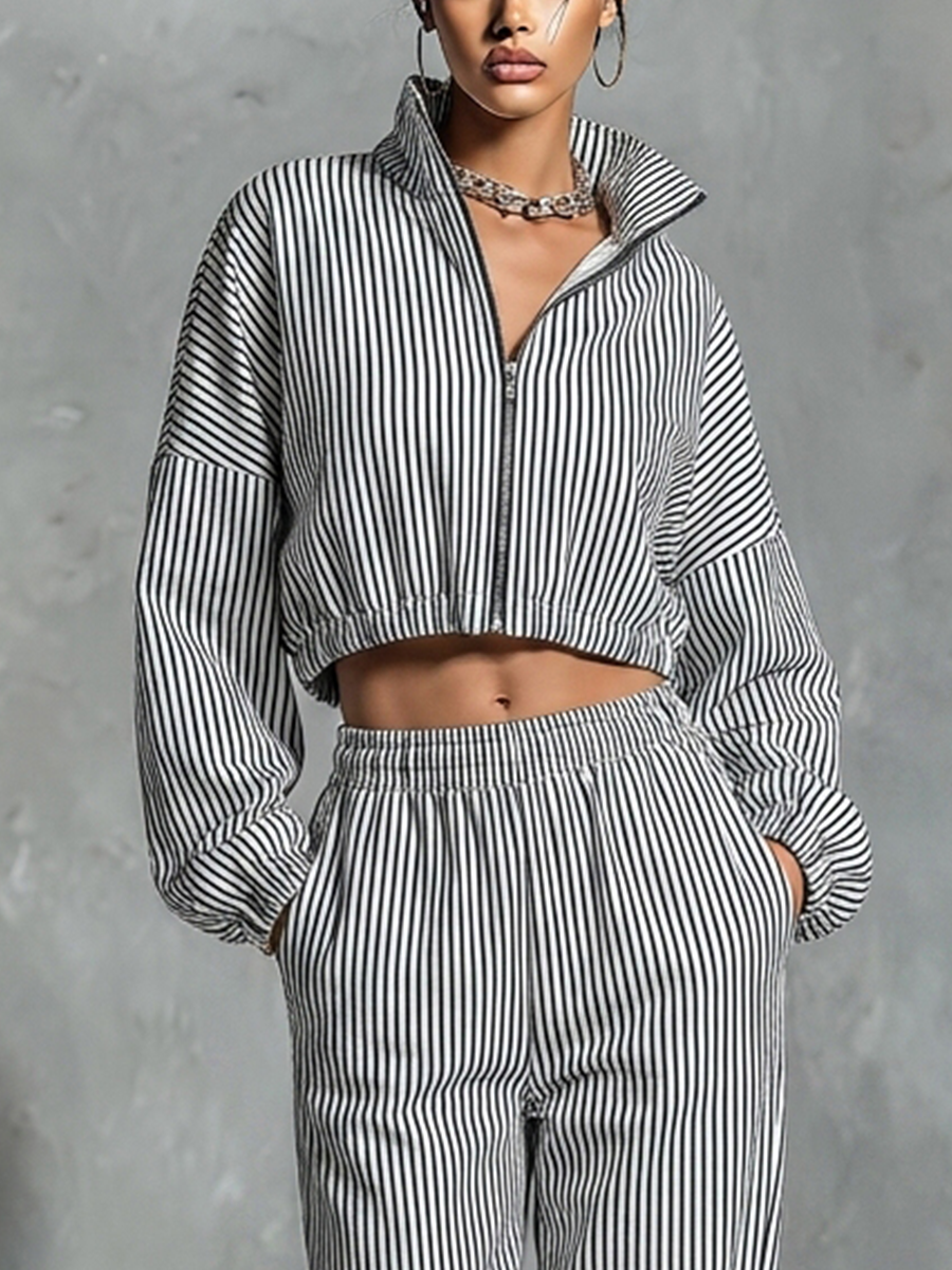 Women’s Black White Vertical Stripe Stand Collar Full Zip Cropped Jacket &amp; Elastic High Waist Wide Leg Pocket Pants Two Piece Tracksuit Set MDZ0287G4T