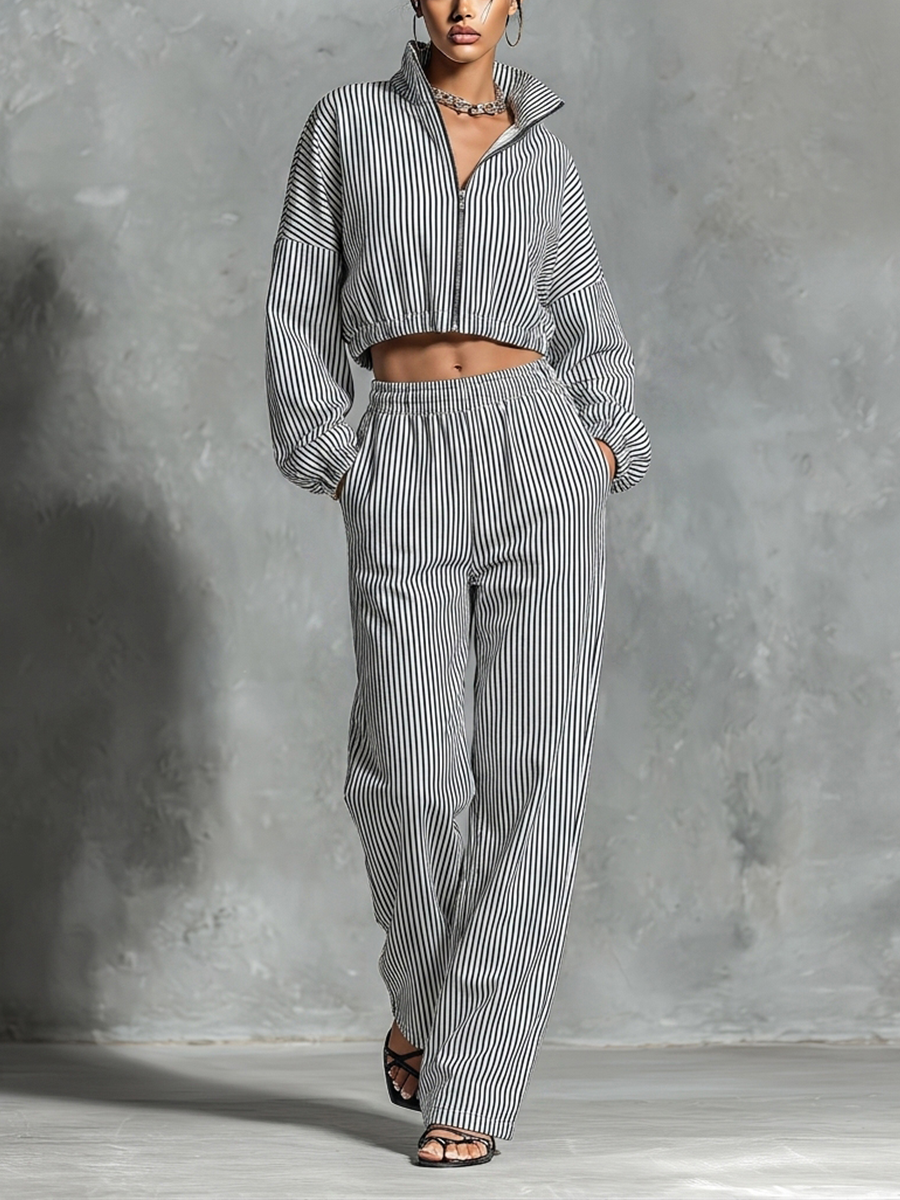 Women’s Black White Vertical Stripe Stand Collar Full Zip Cropped Jacket &amp; Elastic High Waist Wide Leg Pocket Pants Two Piece Tracksuit Set MDZ0287G4T