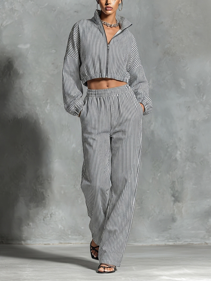 Women’s Black White Vertical Stripe Stand Collar Full Zip Cropped Jacket &amp; Elastic High Waist Wide Leg Pocket Pants Two Piece Tracksuit Set MDZ0287G4T