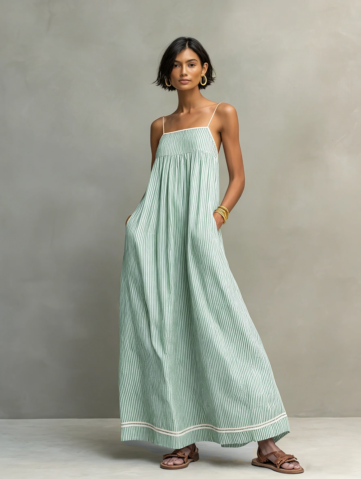 Sophie | Striped Maxi Dress with Red Trim and Spaghetti Straps