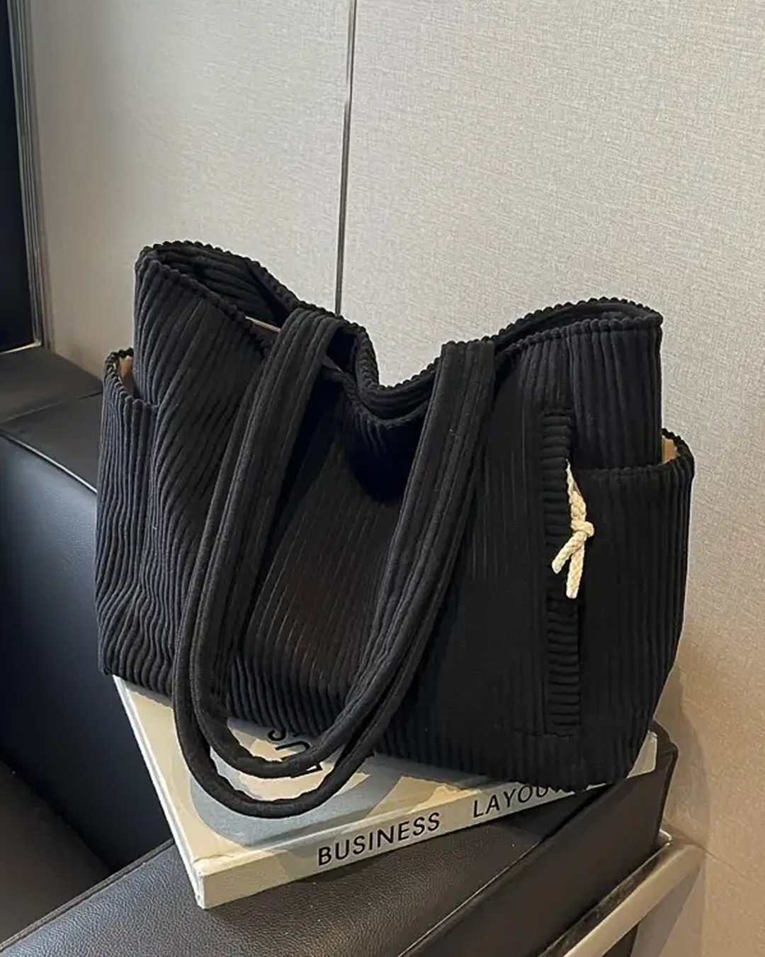 Erin Trending Ribbed Tote Bag with Drawstring Detail