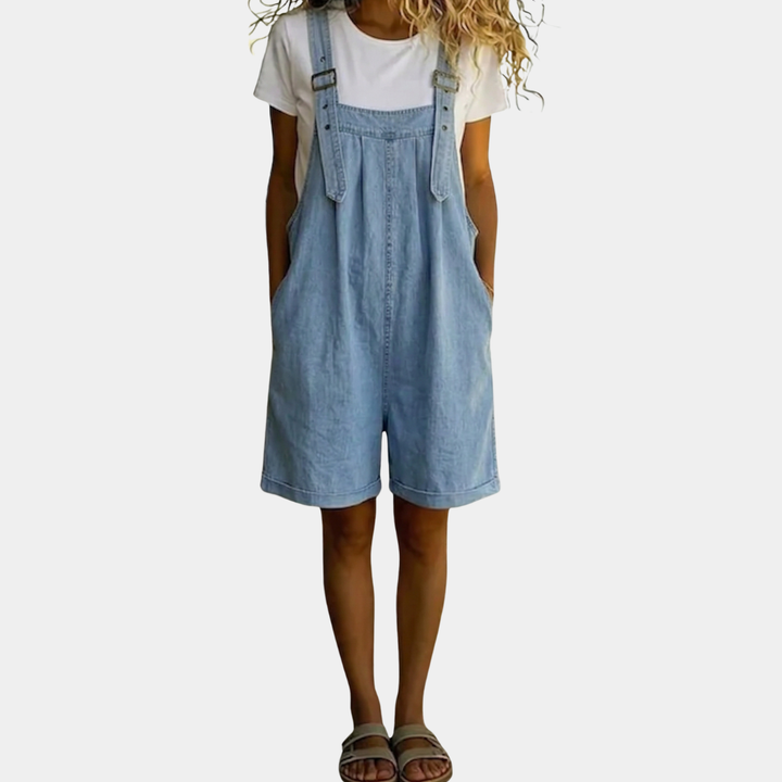 Quin | Vintage Washed Denim-Look Short Overalls