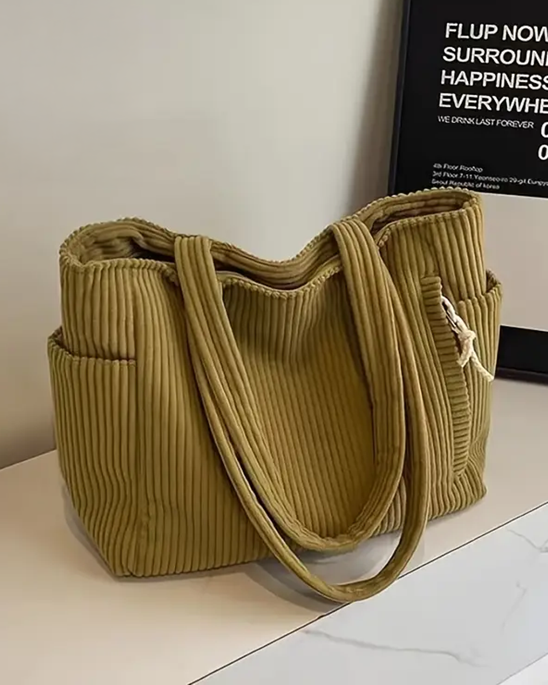 Erin Trending Ribbed Tote Bag with Drawstring Detail