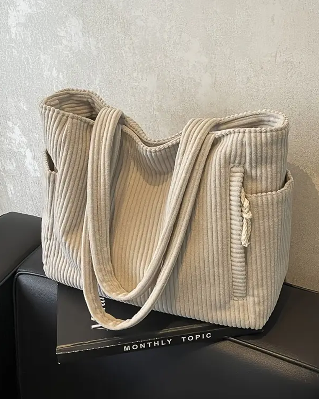 Erin Trending Ribbed Tote Bag with Drawstring Detail