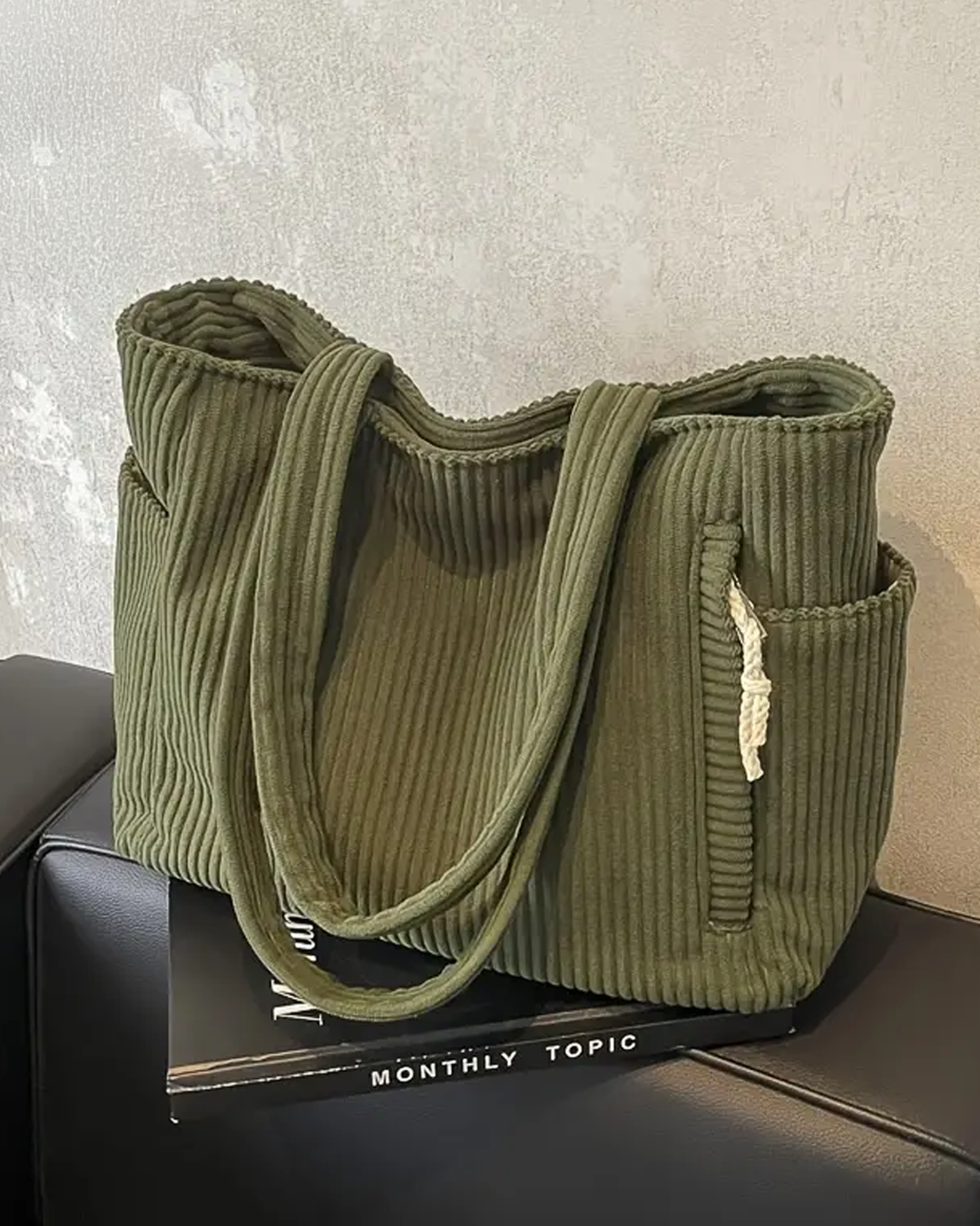 Erin Trending Ribbed Tote Bag with Drawstring Detail