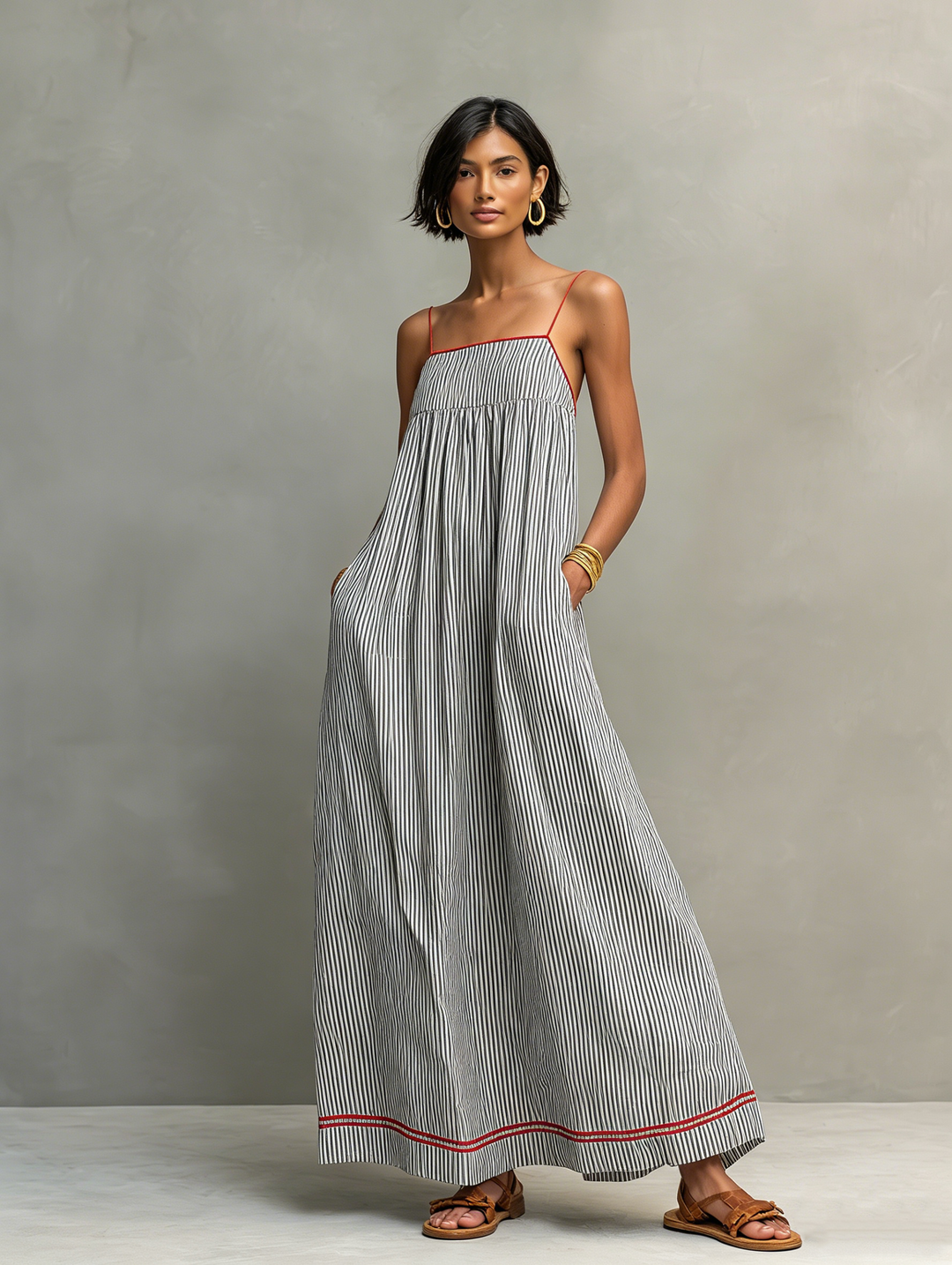 Sophie | Striped Maxi Dress with Red Trim and Spaghetti Straps