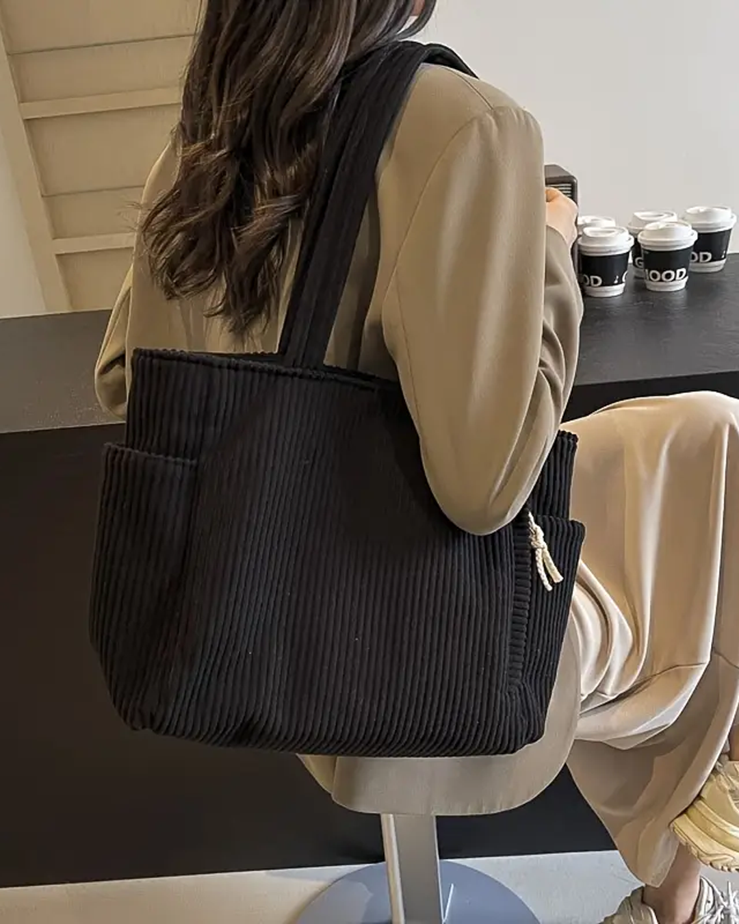 Erin Trending Ribbed Tote Bag with Drawstring Detail