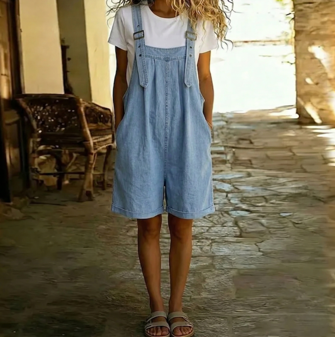 Quin | Vintage Washed Denim-Look Short Overalls