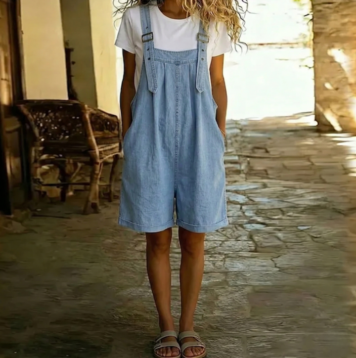 Quin | Vintage Washed Denim-Look Short Overalls