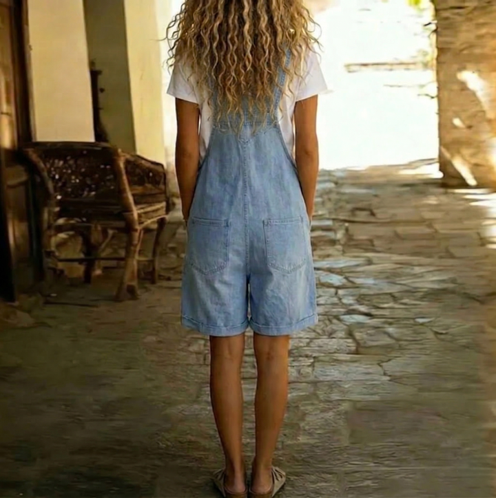 Quin | Vintage Washed Denim-Look Short Overalls