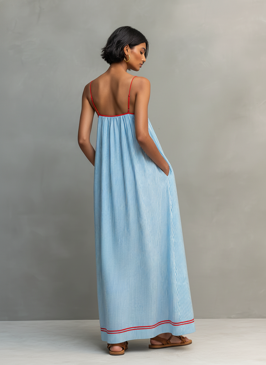 Sophie | Striped Maxi Dress with Red Trim and Spaghetti Straps
