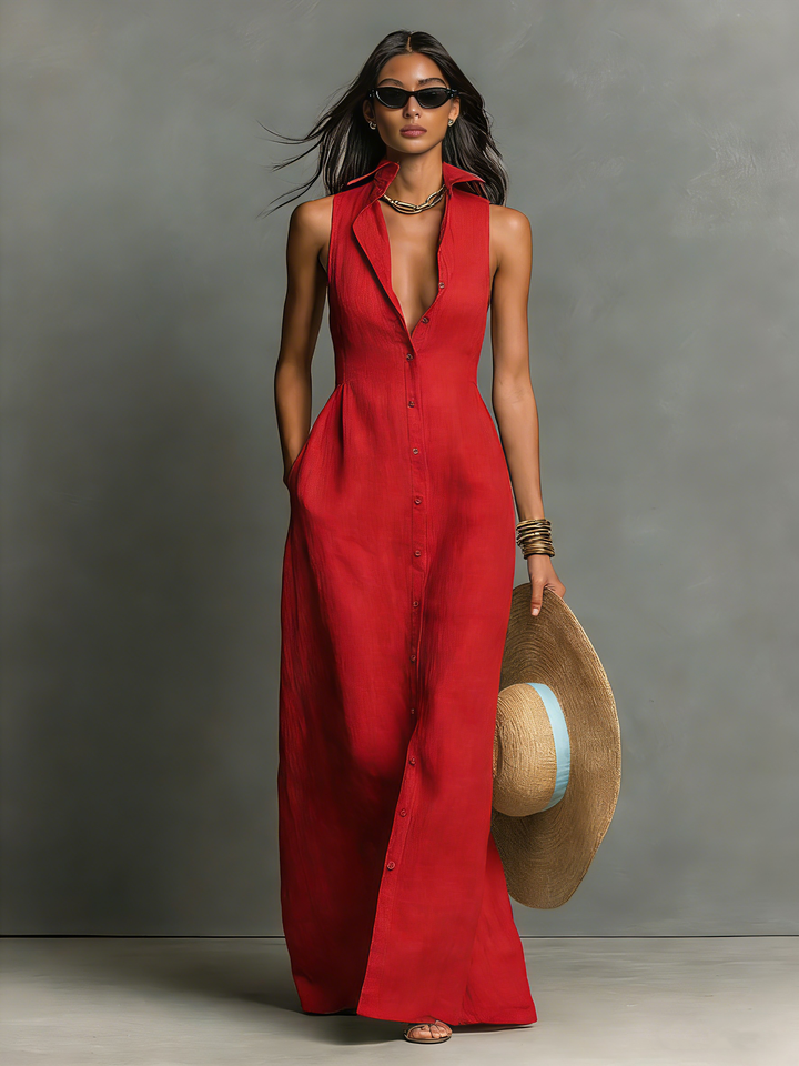 Vanessa | Single-Breasted Sleeveless Maxi Shirt Dress