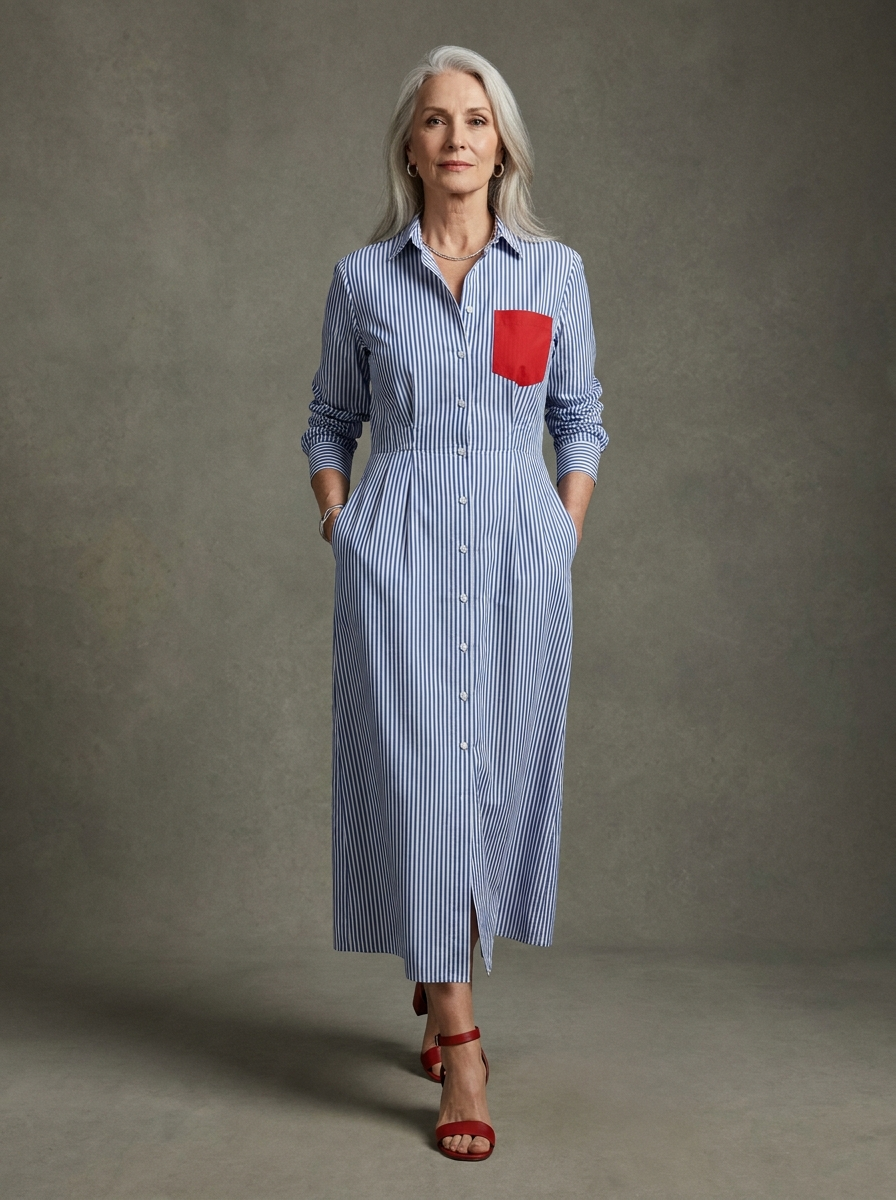 Cassidy | Cotton Blend Striped Shirt Dress with Red Chest Pocket