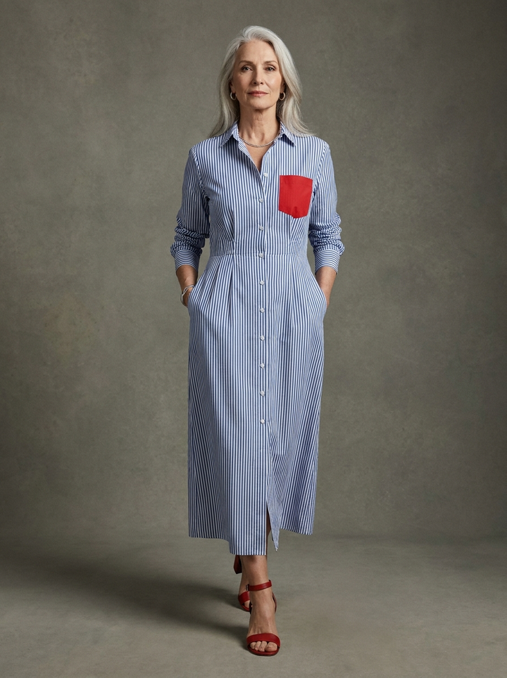 Cassidy | Cotton Blend Striped Shirt Dress with Red Chest Pocket