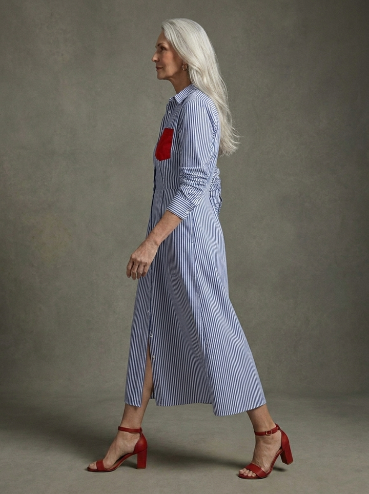 Cassidy | Cotton Blend Striped Shirt Dress with Red Chest Pocket