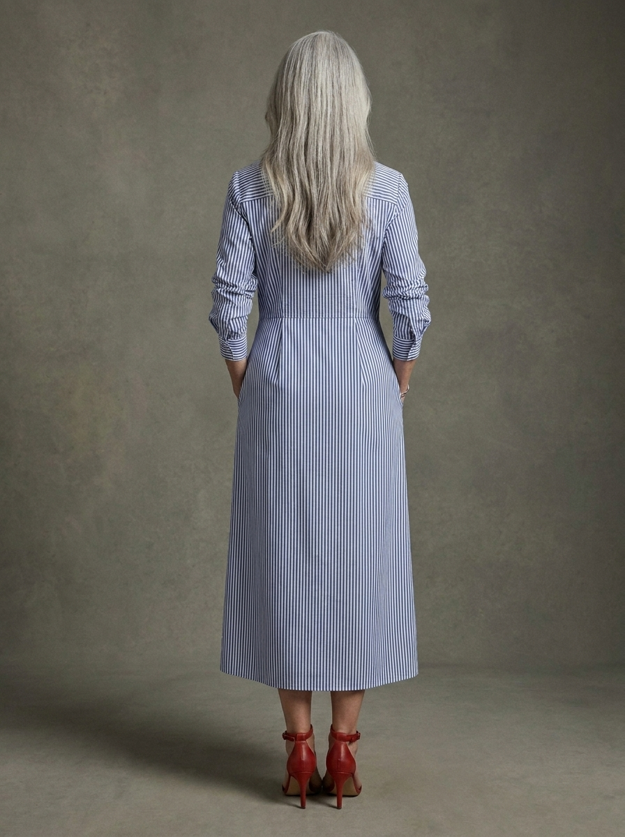 Cassidy | Cotton Blend Striped Shirt Dress with Red Chest Pocket