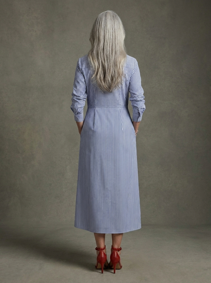 Cassidy | Cotton Blend Striped Shirt Dress with Red Chest Pocket