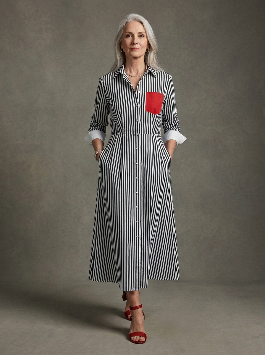 Cassidy | Cotton Blend Striped Shirt Dress with Red Chest Pocket