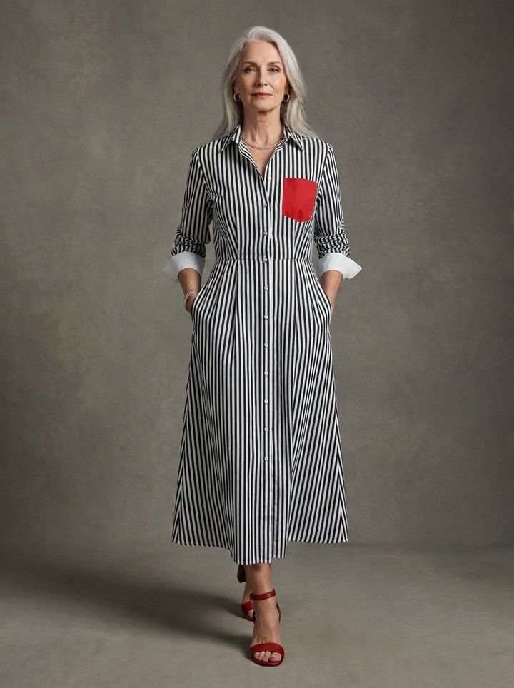Cassidy | Cotton Blend Striped Shirt Dress with Red Chest Pocket