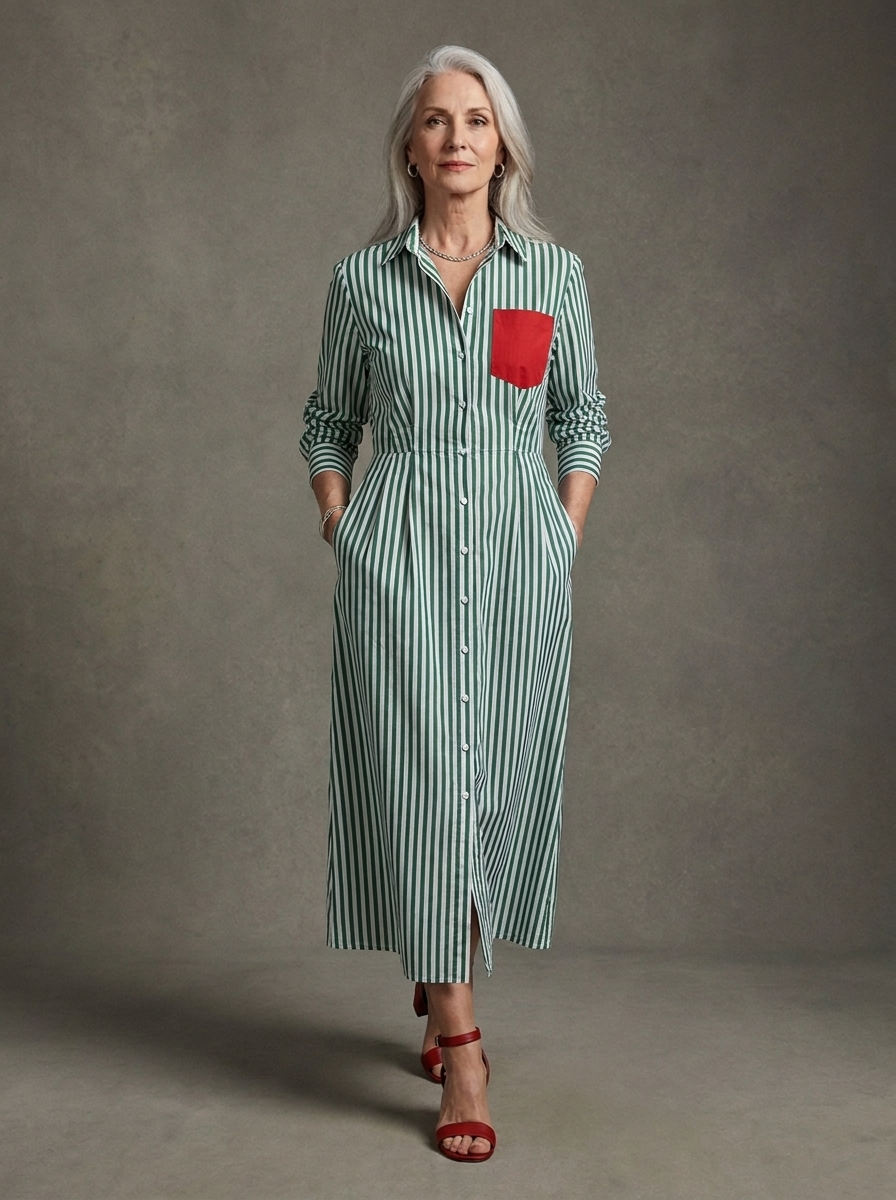 Cassidy | Cotton Blend Striped Shirt Dress with Red Chest Pocket