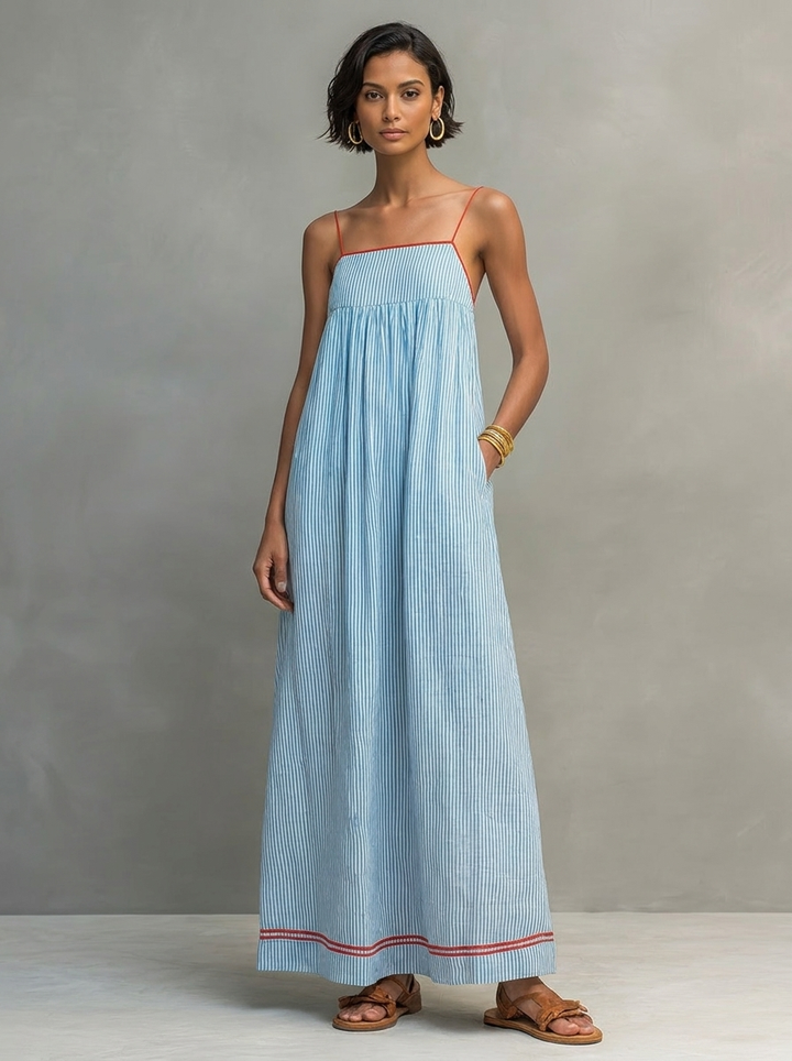 Sophie | Striped Maxi Dress with Red Trim and Spaghetti Straps