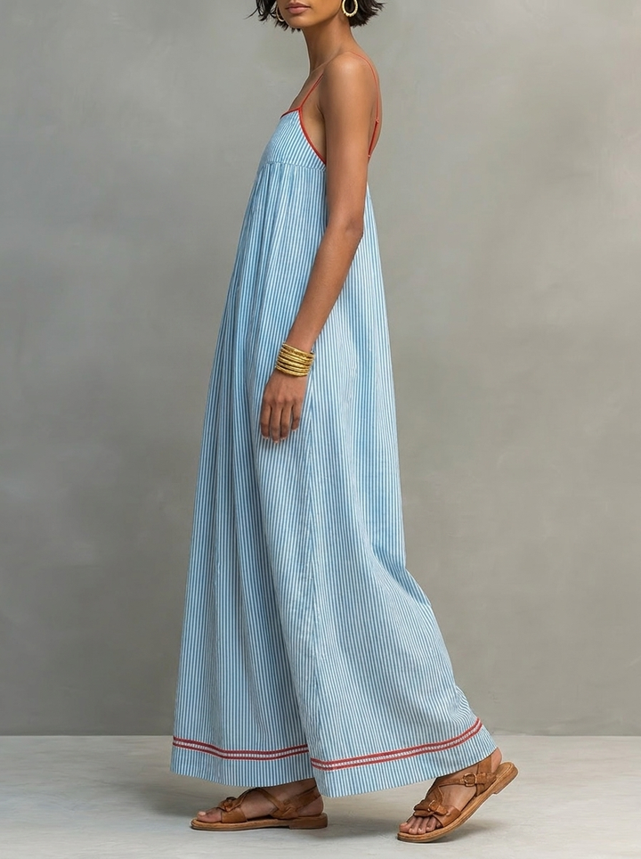 Sophie | Striped Maxi Dress with Red Trim and Spaghetti Straps