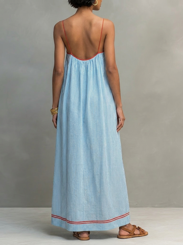 Sophie | Striped Maxi Dress with Red Trim and Spaghetti Straps