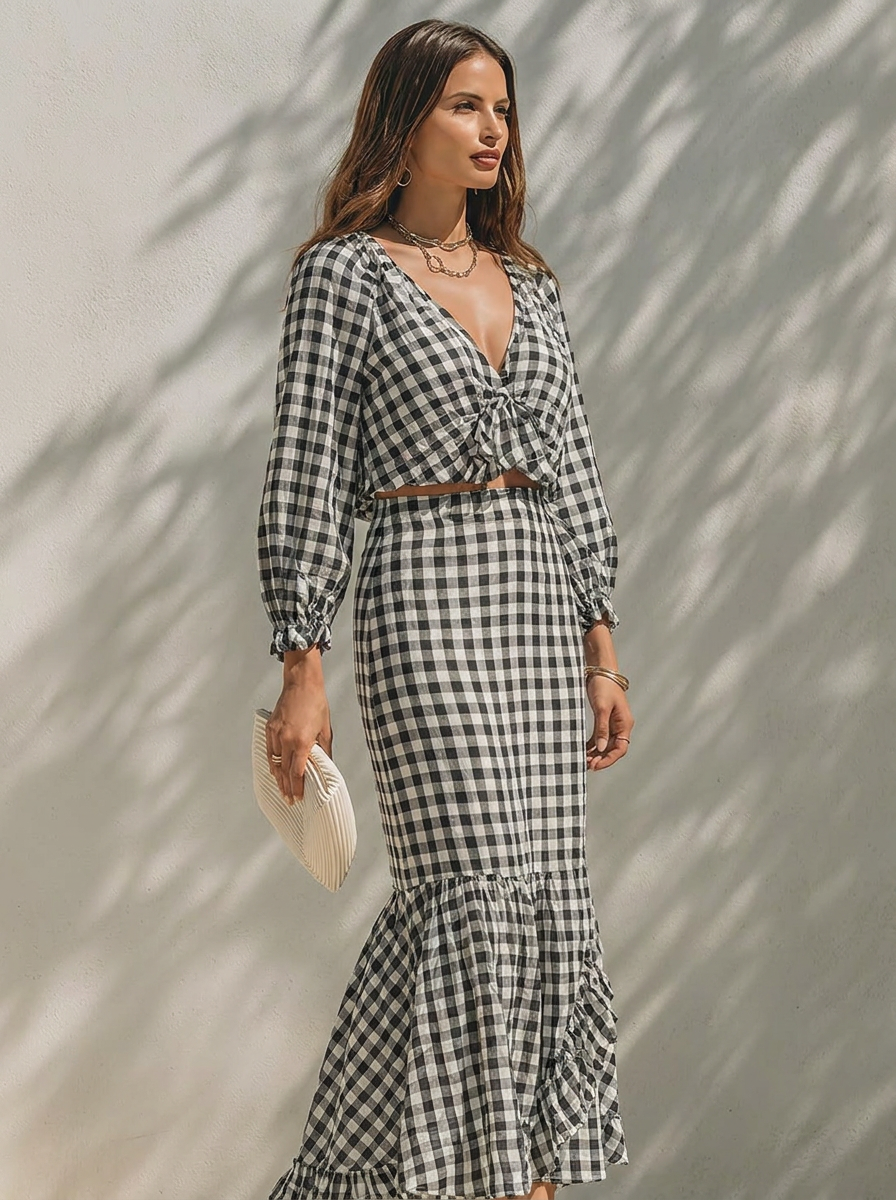 Maëlle – V-Neck Cropped Top &amp; Ruffled Mermaid Midi Skirt Set