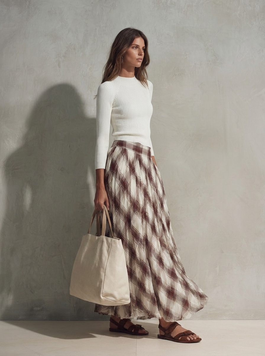 Marine | Round-Neck Top &amp; Printed Chiffon Midi Skirt Set