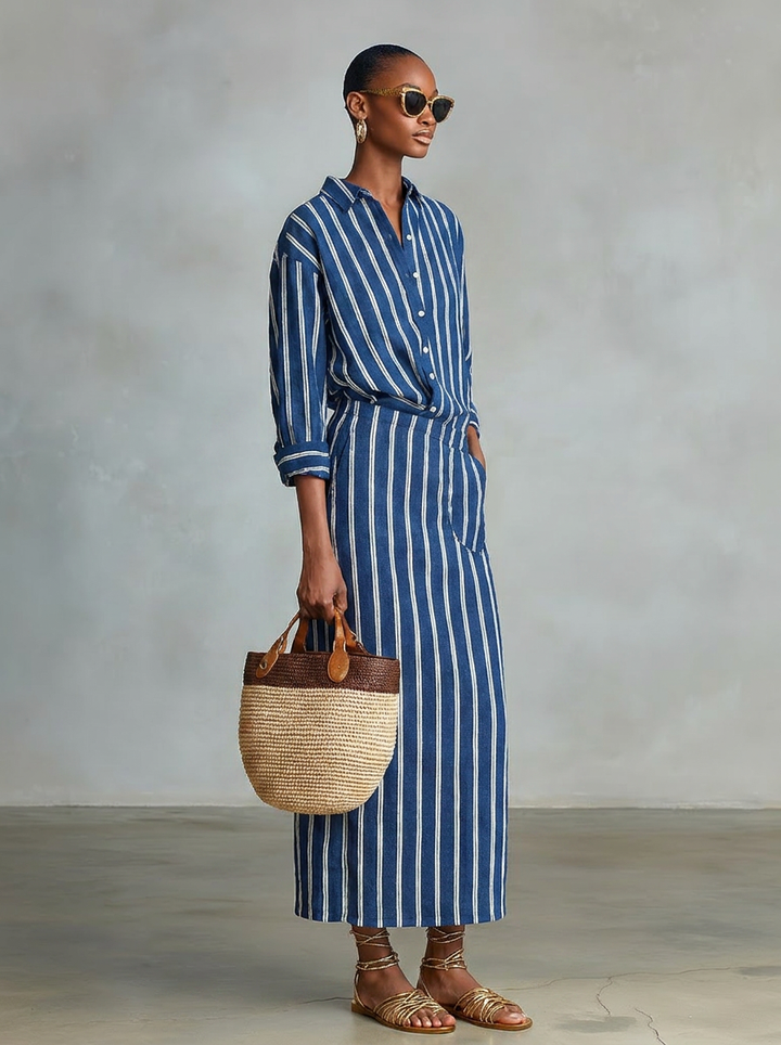 Solange | Royal Blue Stripe Blouse &amp; Maxi Skirt Set