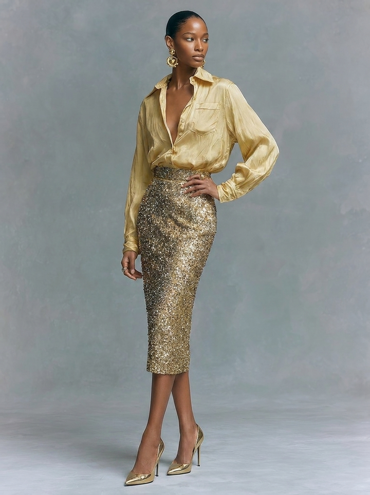 Olivia | Long-Sleeved Shirt &amp; Sequined Pencil Skirt Set