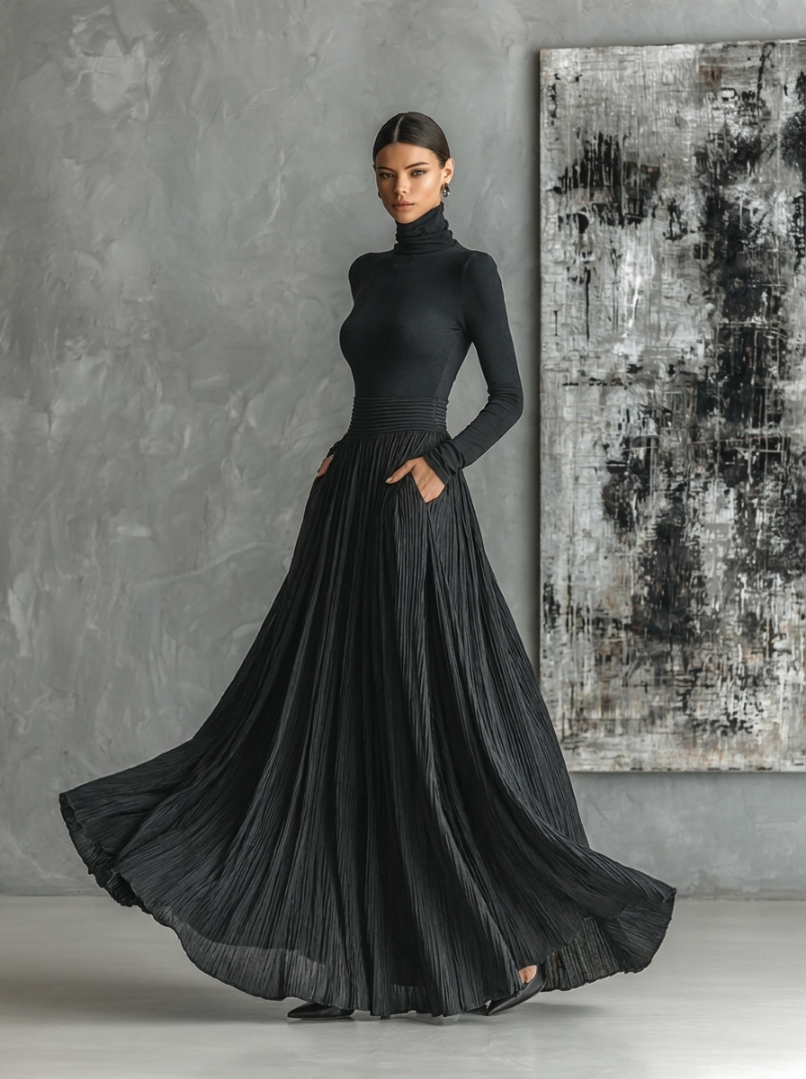 Maya | Turtleneck T-Shirt &amp; Pleated Skirt Set