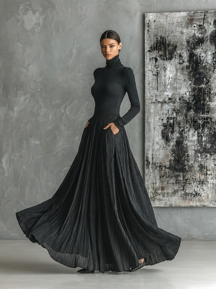 Maya | Turtleneck T-Shirt &amp; Pleated Skirt Set