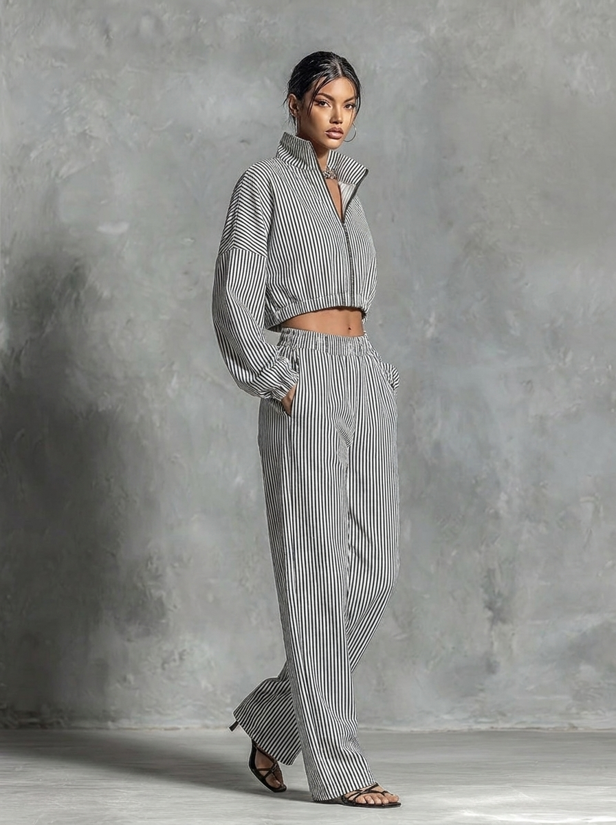 Albane | Striped Cropped Jacket &amp; Wide-Leg Pants Set
