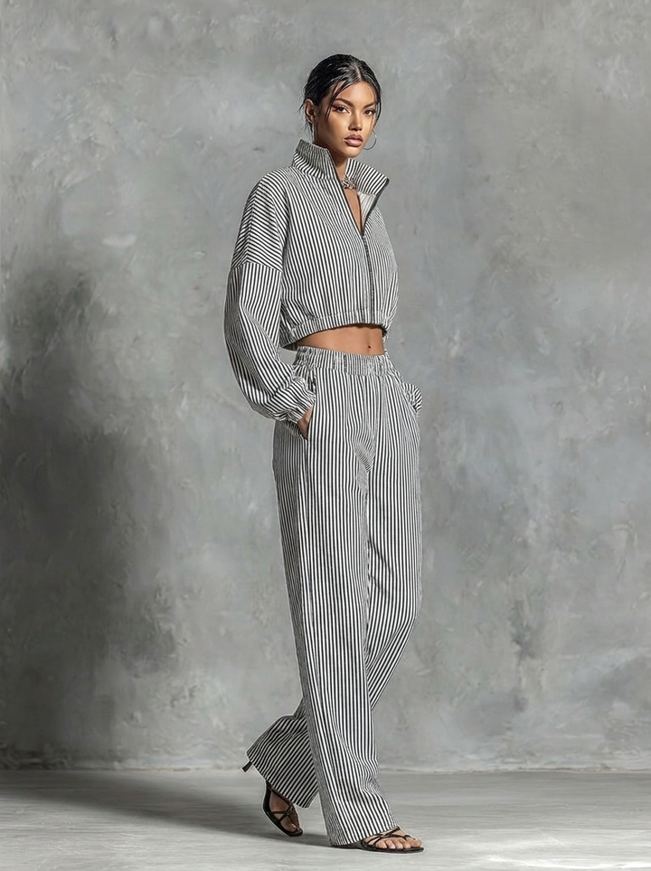 Albane | Striped Cropped Jacket &amp; Wide-Leg Pants Set