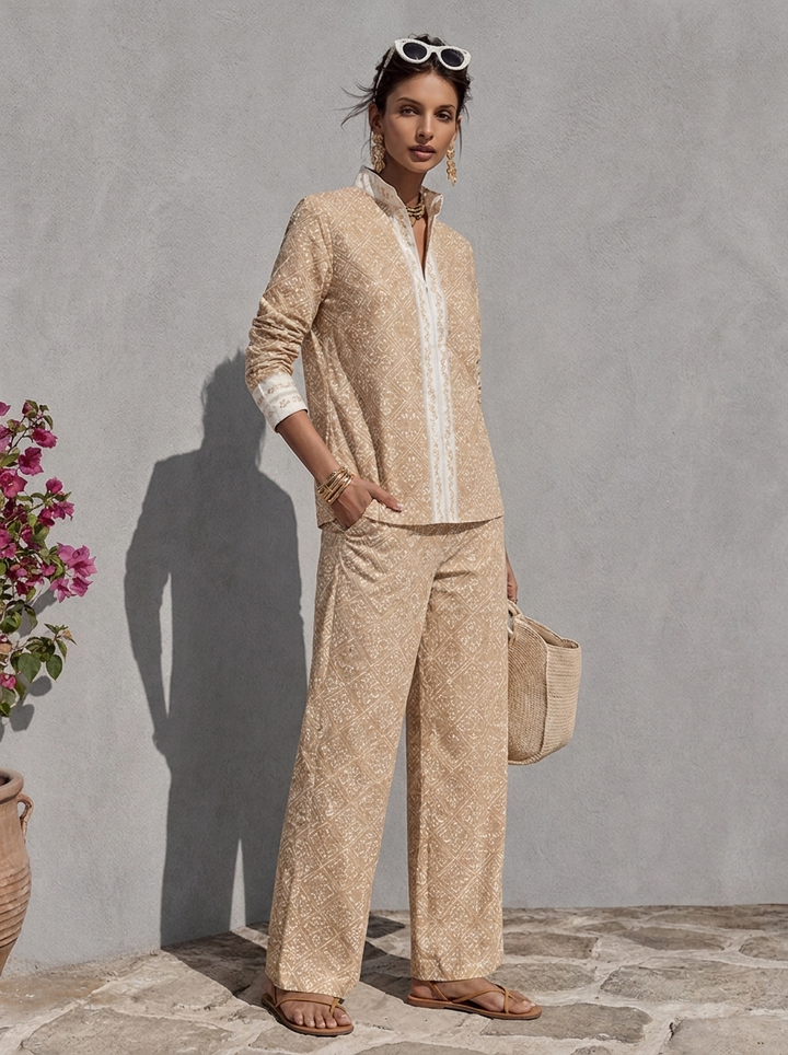 Flavie | Diamond Print Long-Sleeve Top &amp; Wide-Leg Pants Set