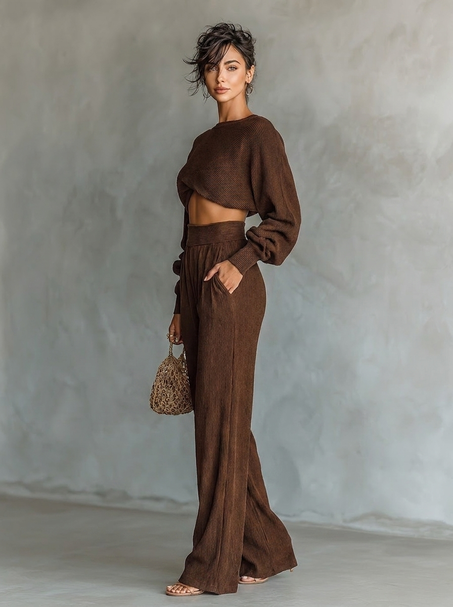 Maïwenn | Coffee-Colored Short Top &amp; Wide-Leg Pants Set