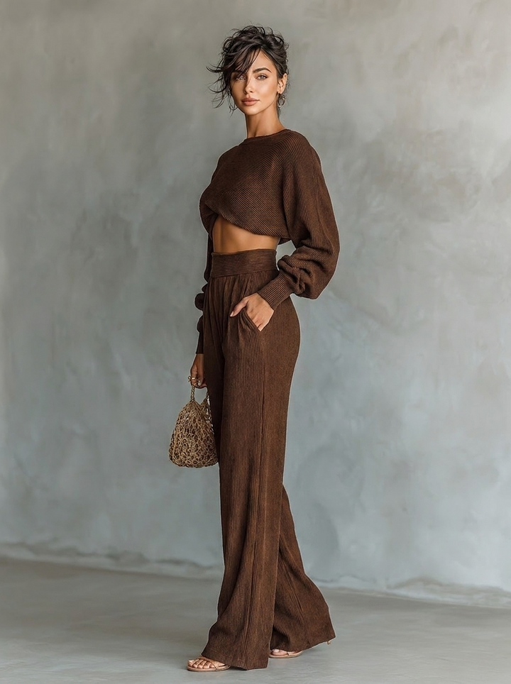 Maïwenn | Coffee-Colored Short Top &amp; Wide-Leg Pants Set