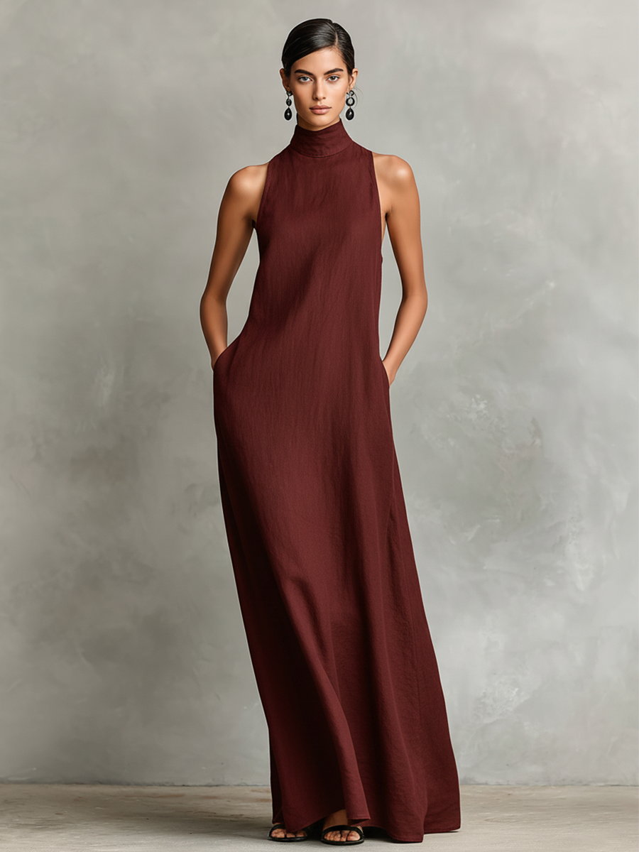 Victoria | High-Neck Maxi Dress with Side Pockets